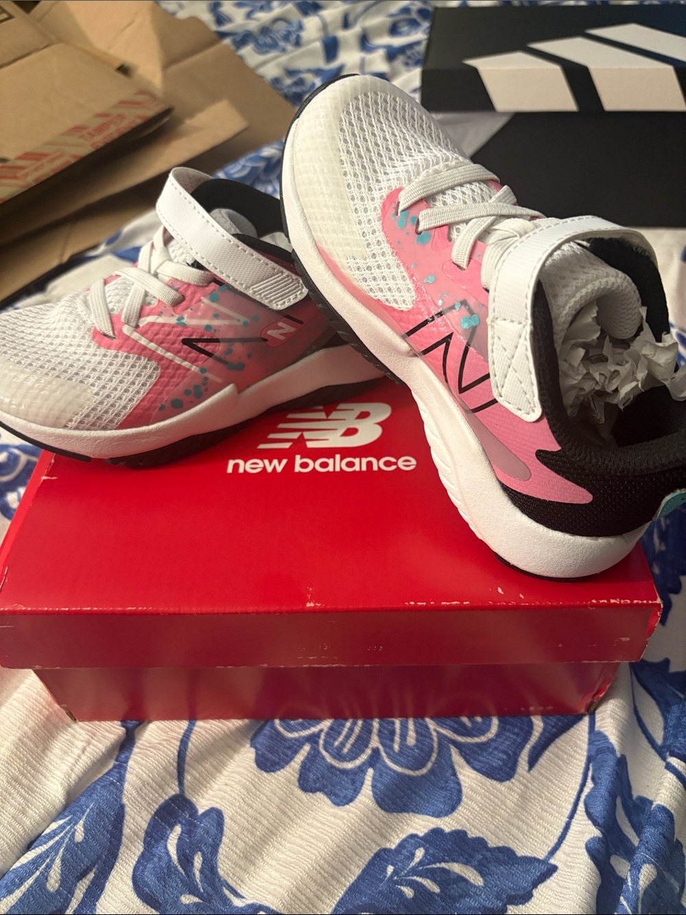 New Balance Kids White and Pink Hook-and-Loop Athletic Sneakers